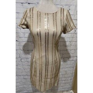 Just Me Cream And Gold Sequin V Back Mini Bodycon Dress Short Sleeve Size Large